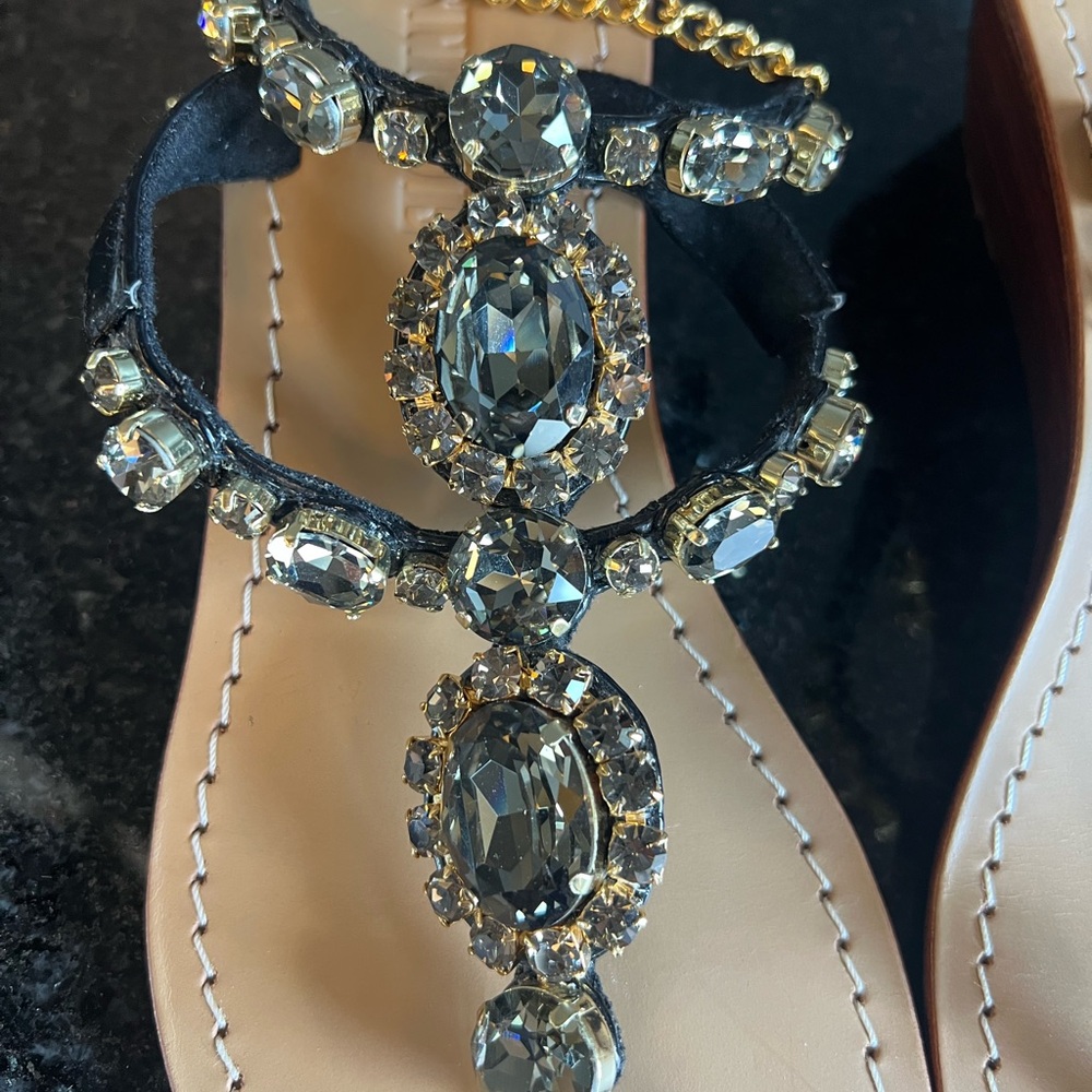 New Mystique Boutique Black and Gold Sandals with Crystal Embellishments - Picture 2 of 7